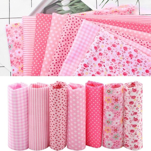 7Pcs Cotton Fabric Bedding Bundle - Pink, Assorted Pre-Cut Quilting & Sewing Set - Picture 9 of 9